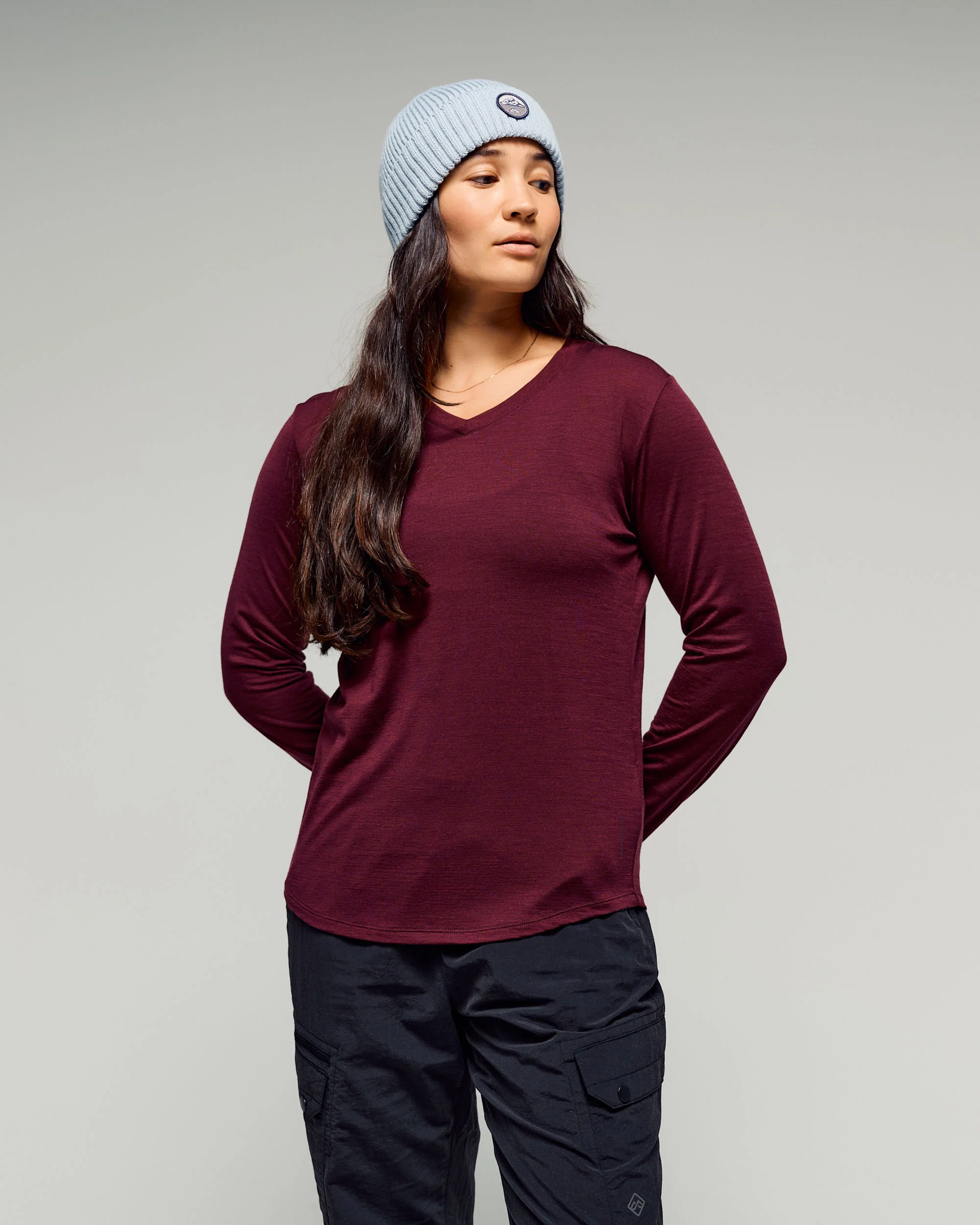Women's 100% Merino Long Sleeve V-Top - Mulberry